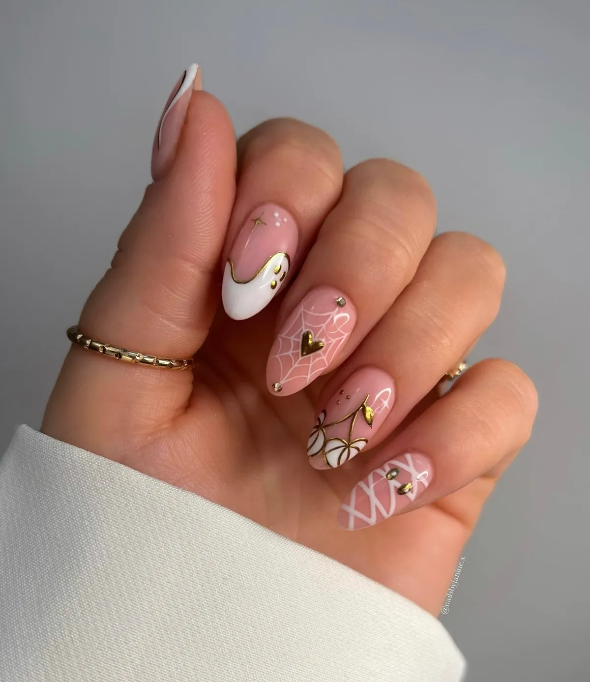 nailsbyjanine.x Elegant Halloween Nail Art with Gold Spiderweb Details Elegant Halloween Nail Art with Gold Spiderweb Details
