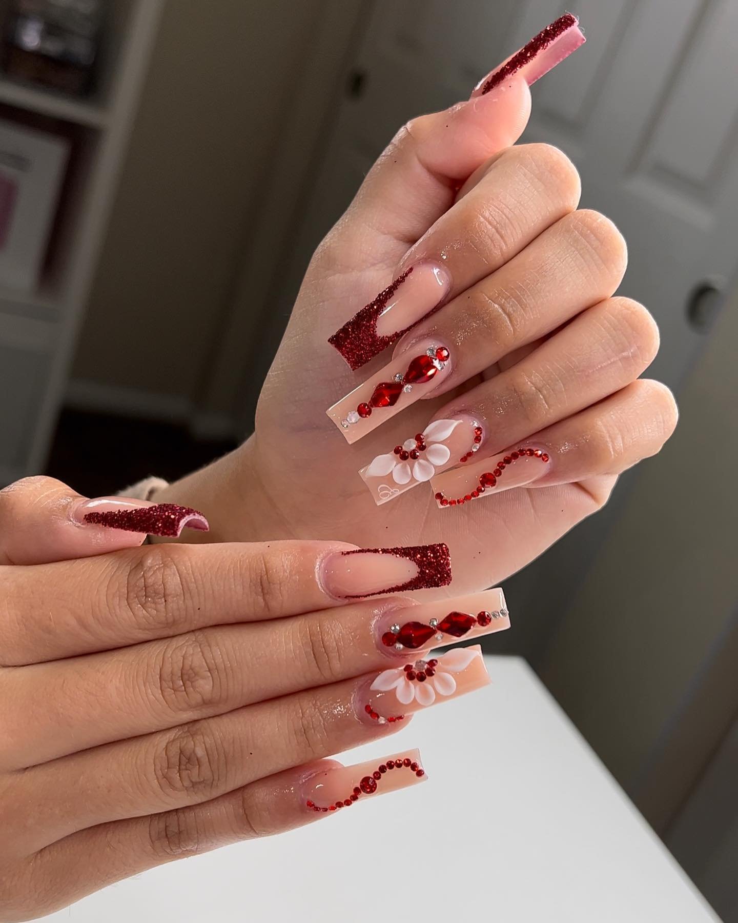 nailsbyllin Red Polish Nail Art with Glitter Tips and Flower Design Red Polish Nail Art with Glitter Tips and Flower Design