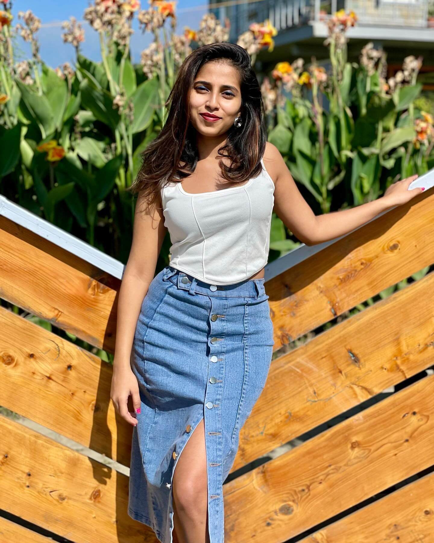 nidhi_shree_ White Tank Top With Button-Front Denim Skirt White Tank Top With Button-Front Denim Skirt