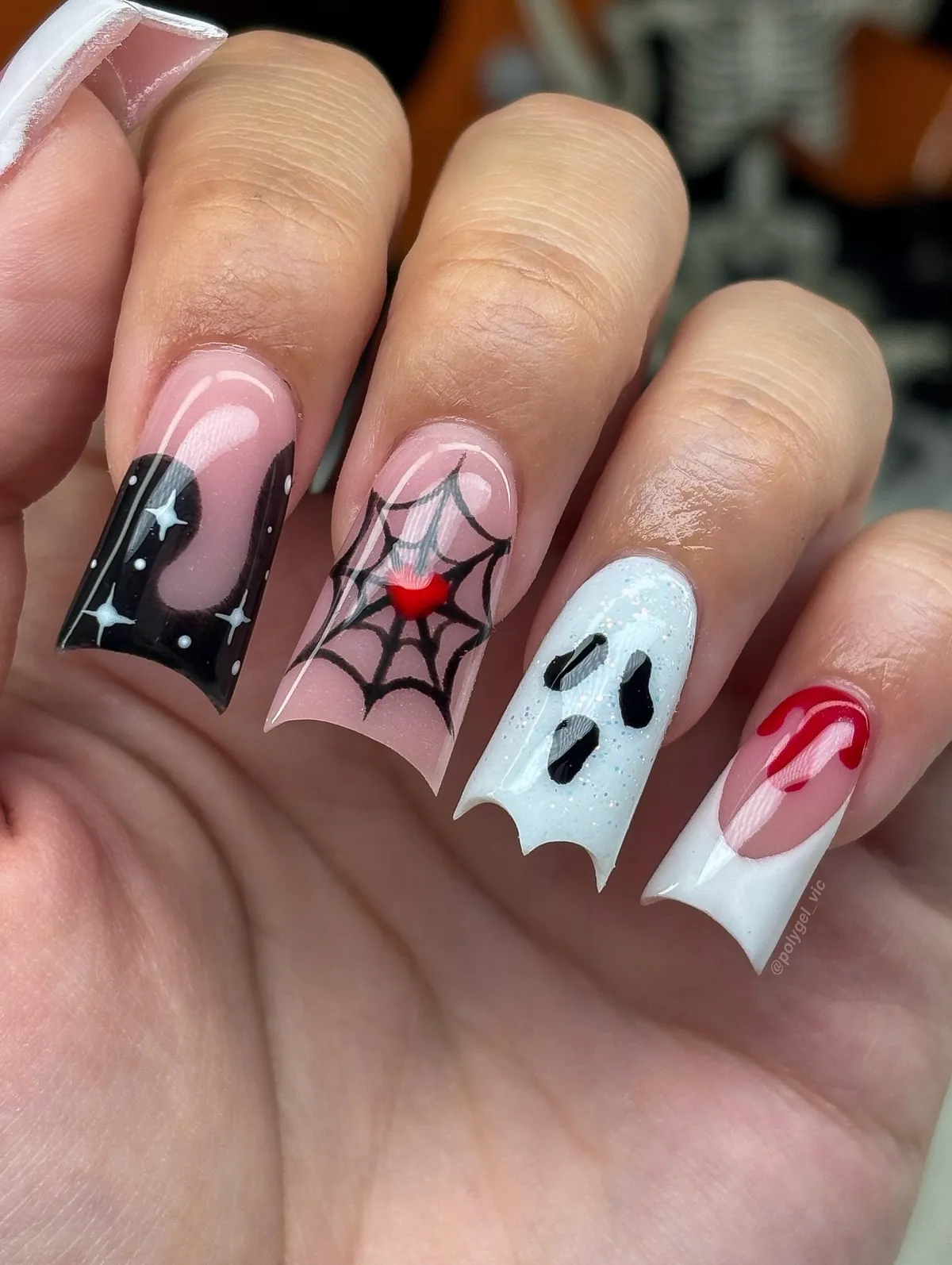 polygel_vic Halloween Nail Art with a Ghost Shape and Red Lips Halloween Nail Art with a Ghost Shape and Red Lips