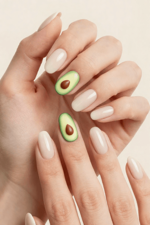 Avocado Halves: Medium coffin sheer nails with one green avocado half accent nail