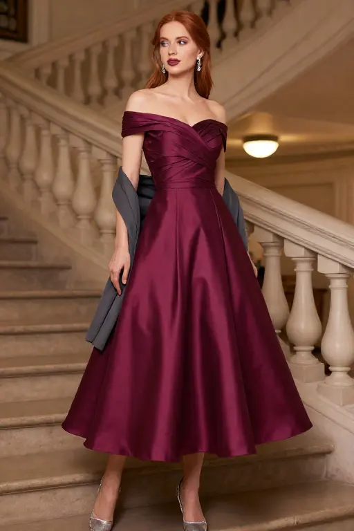 Berry Taffeta Off the Shoulder Dress with a Long Wrap Berry taffeta off the shoulder midi dress with a long charcoal wrap for an elegant winter wedding