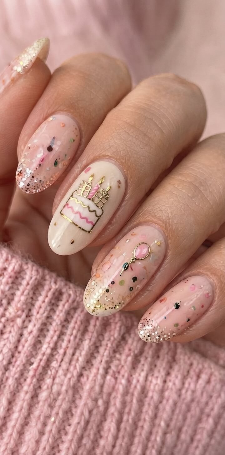 Birthday Cake and Balloon Accents Milky white almond nails with a cake, pink balloon, tiny gift boxes, and gold confetti flakes