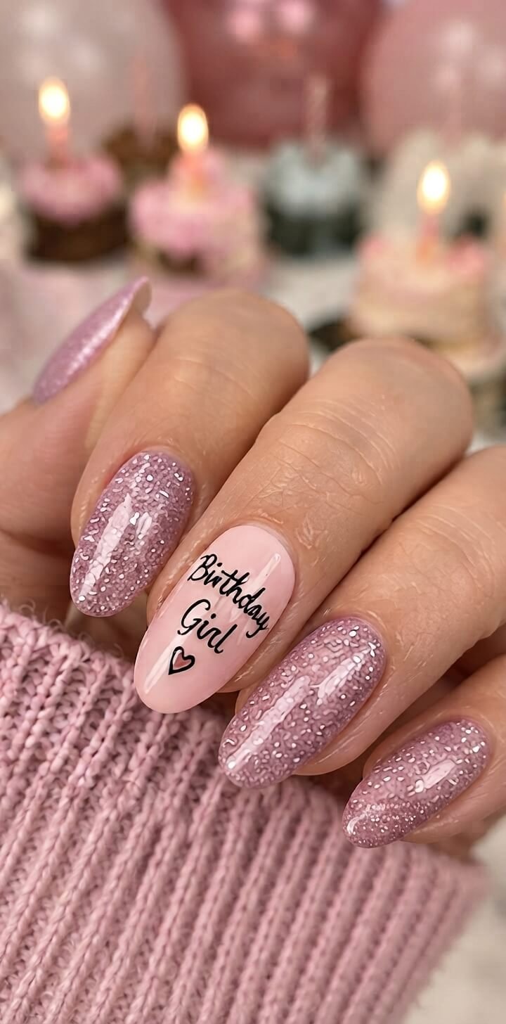 Birthday Girl Script on Pink Glitter Nails Birthday Girl Script on Pink Glitter Nails