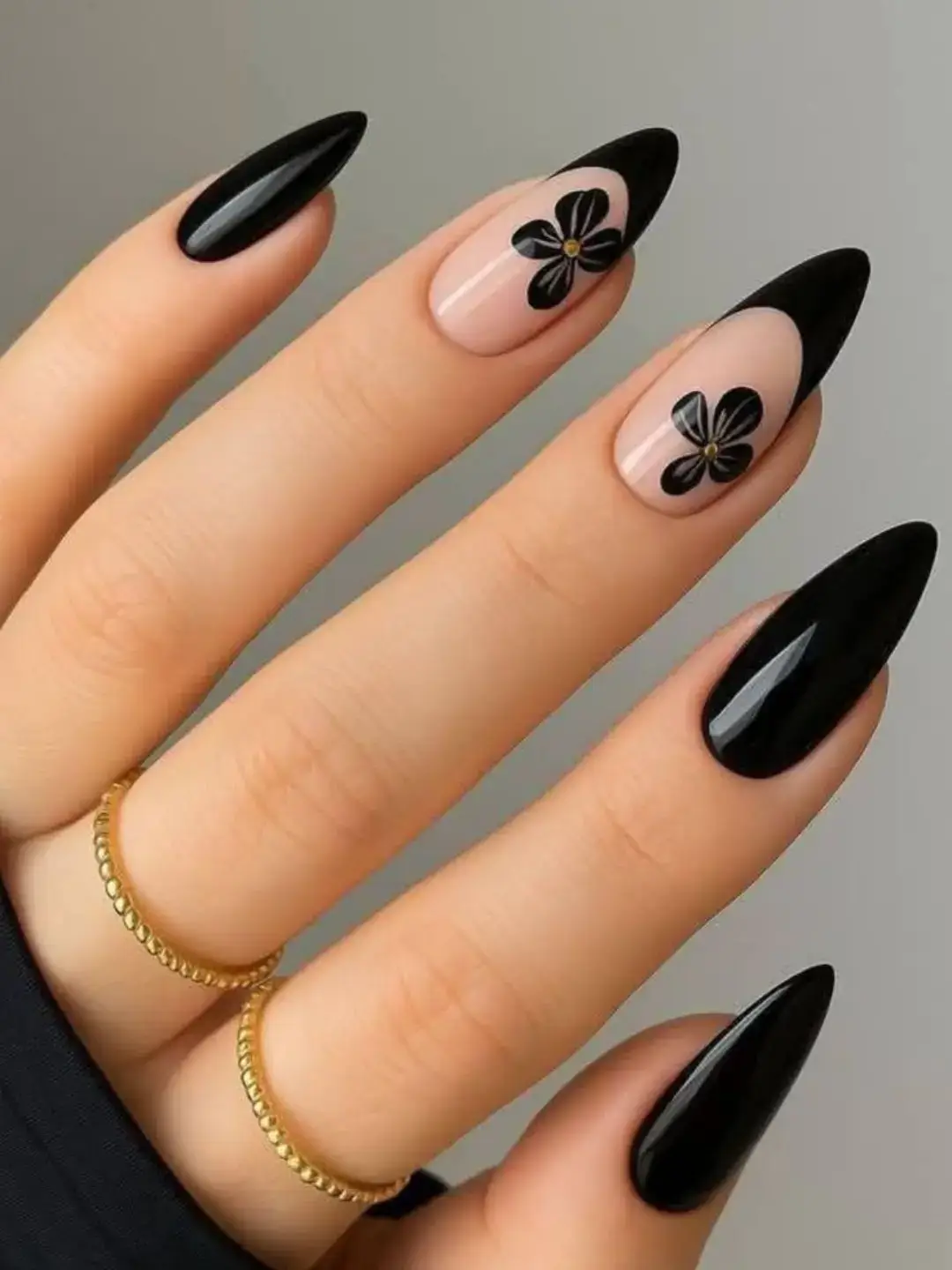 Black French Tips With Tiny Flowers Black French Tips With Tiny Flowers Nail