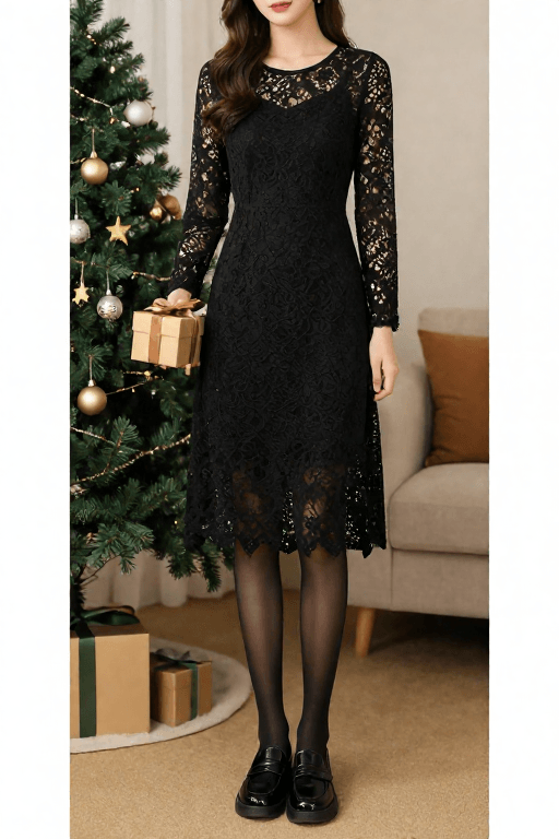 Black Lace Dress with Tights and Loafers Black Lace Dress with Tights and Loafers