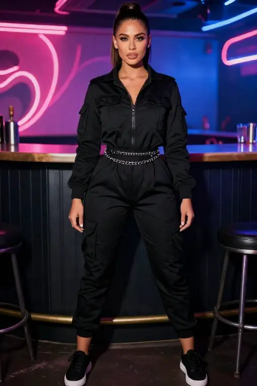Black Utility Jumpsuit with Sneakers and a Chain Belt Concert Outfit Black Utility Jumpsuit with Sneakers and a Chain Belt