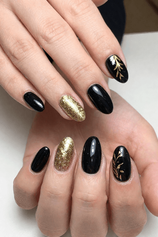 Black and Gold Leaves Black and Gold Leaves Nails