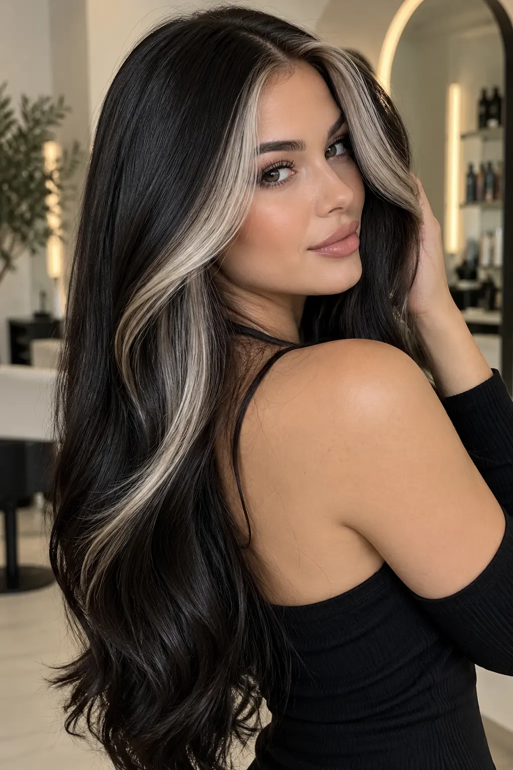 Blonde Money Piece on Black Hair Jet black hair with contrasting platinum blonde money piece highlights
