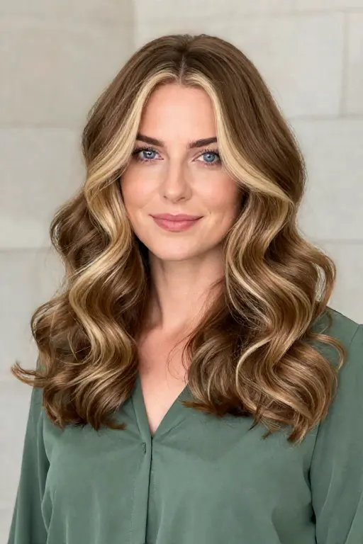 Blonde Money Piece on Brown or Brunette Hair Brunette hair with beige blonde money piece highlights and soft curls
