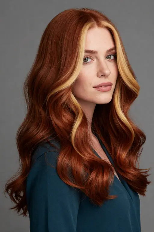 Blonde Money Piece on Red Hair Auburn red hair with golden blonde money piece highlights
