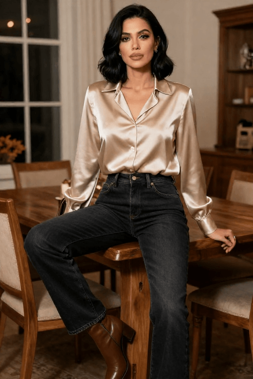 Blouse with Dark Jeans and Ankle Boots
