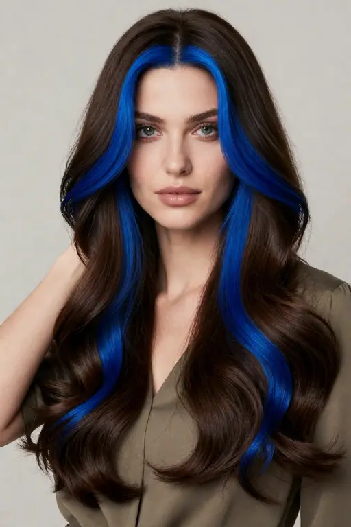 Blue Money Piece Dark brown hair with vivid electric blue money piece highlights