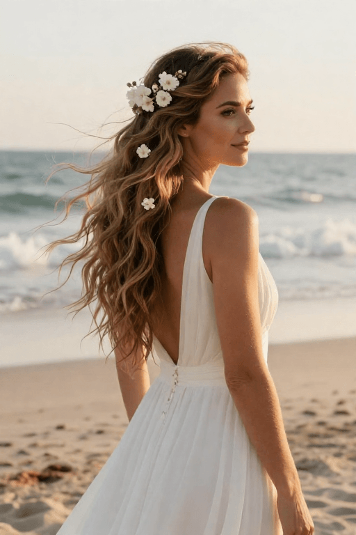 Boho Beach Waves with Flowers Boho Beach Waves with Flowers bridal Hairstyle