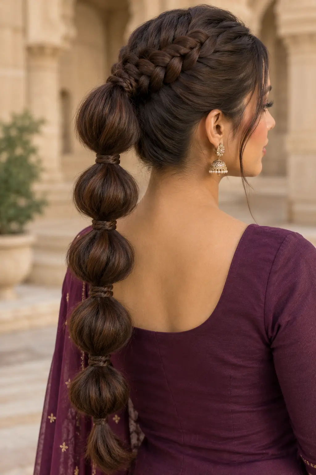 Braided Crown with a Bubble Ponytail Woman with long brown hair in a bubble braid hairstyle wearing a purple top and earrings