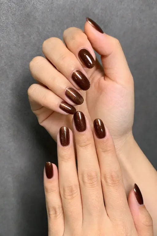 Brown Velvet Brown velvet nails perfect for late fall nail ideas on a gray background