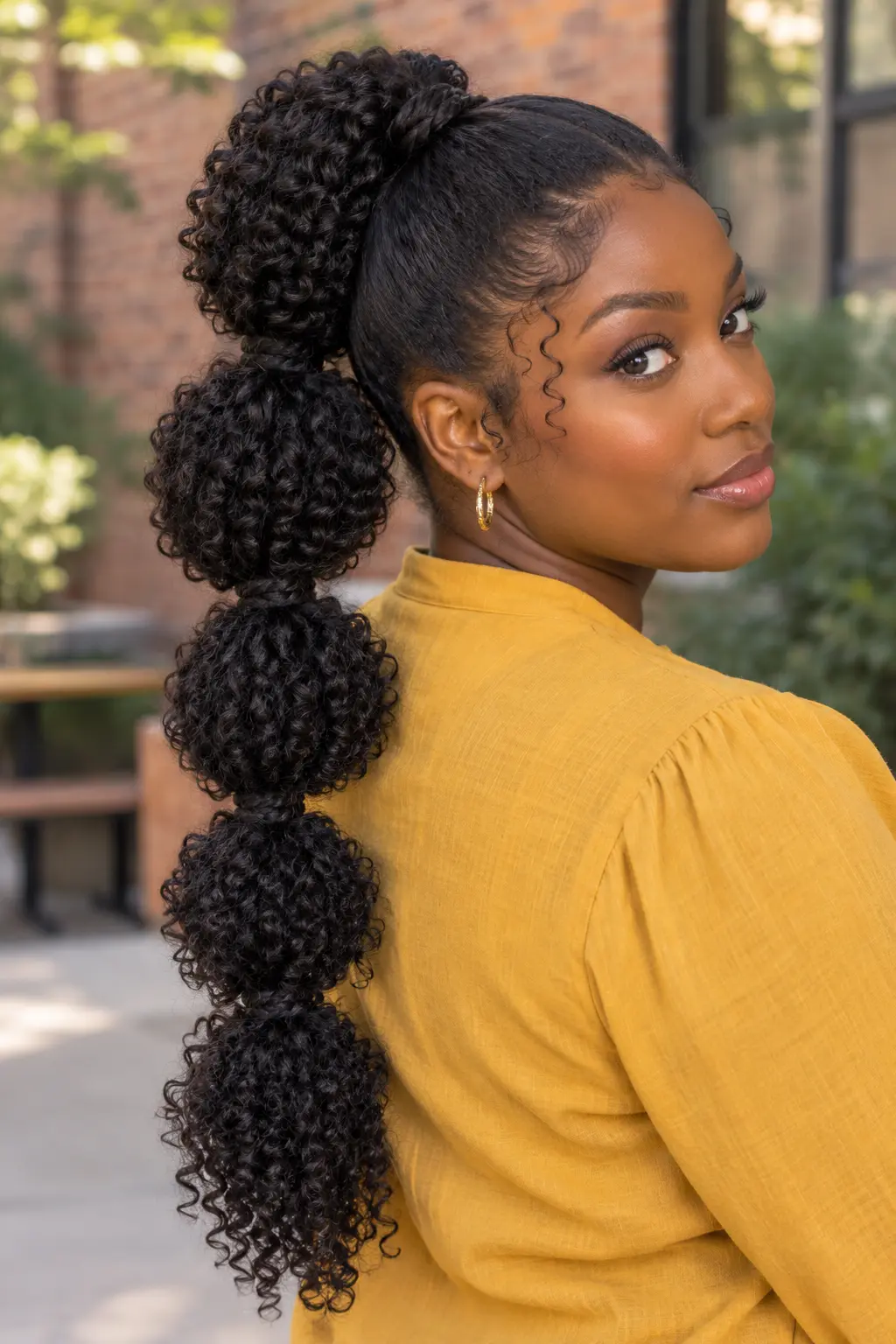 Bubble Braids on Curly Hair Woman with long dark curly hair styled into a high bubble braid wearing a yellow top