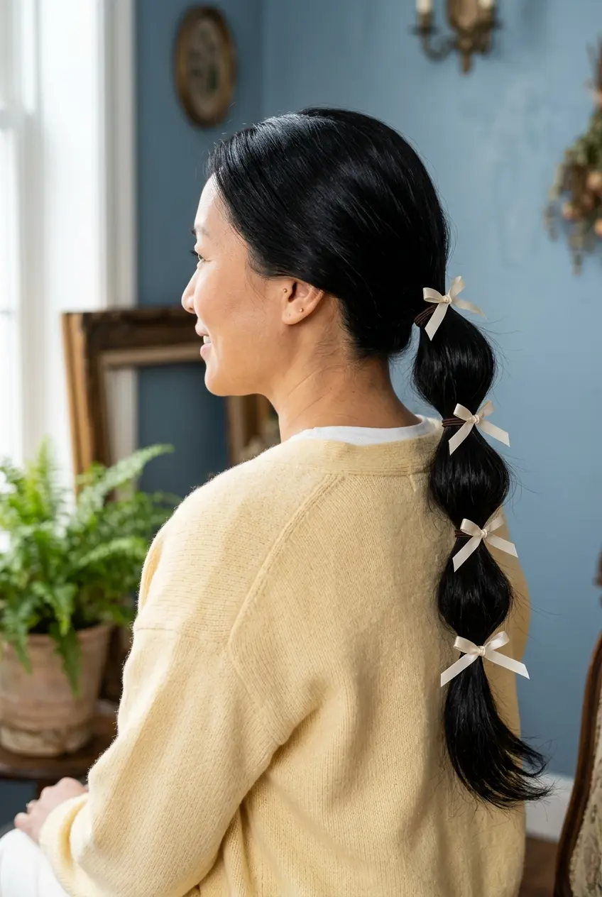 Bubble Braids with Ribbons Woman wearing a yellow sweater with long black bubble braids tied with cute white ribbons