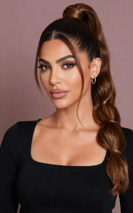 Bubble Ponytail with Face-Framing Strands Woman with long brown hair styled in a high bubble ponytail and face framing strands