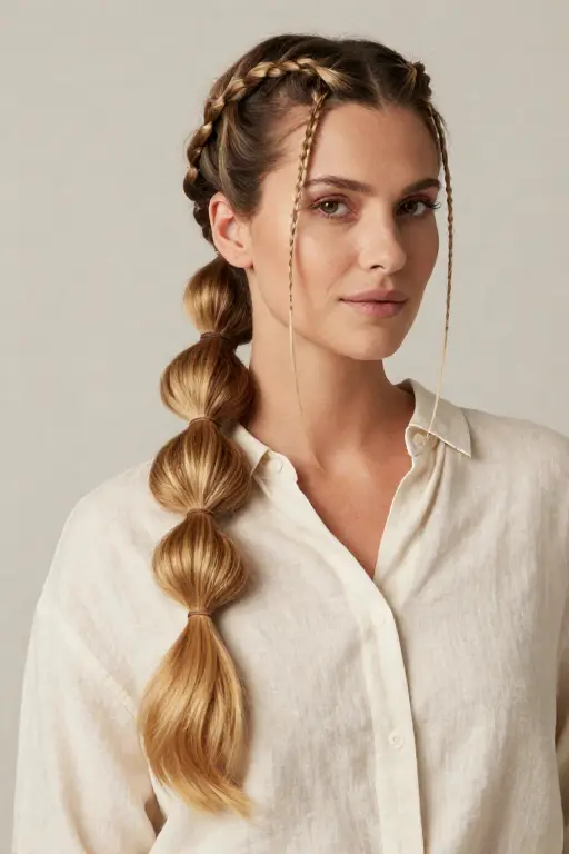 Bubble Ponytail with Front Braids Woman with blonde hair in a bubble braid ponytail and cute front braids wearing a white shirt
