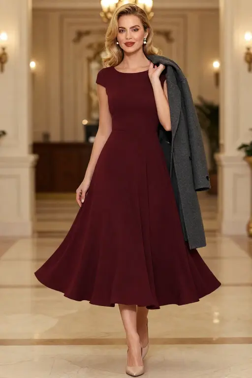 Burgundy Fit and Flare Midi with Pearl Earrings Burgundy fit and flare midi dress with pearl earrings and nude pumps for an elegant winter wedding outfit.