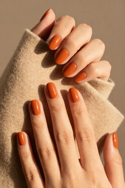 Burnt Orange Cream Short square nails with glossy burnt orange polish perfect for late fall nails