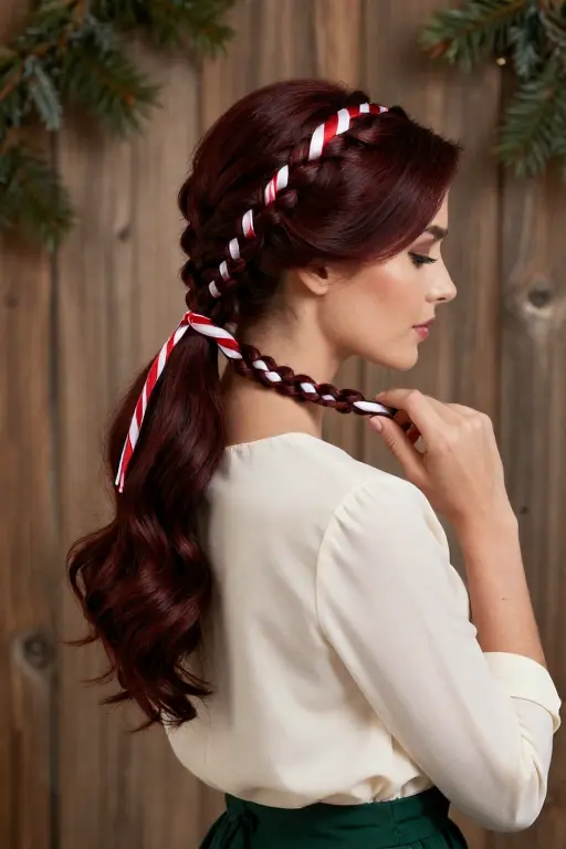 Candy Cane Twist Twisted holiday hairstyle with a red and white striped ribbon