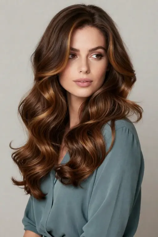 Caramel Money Piece on Brown Hair Chocolate brown hair with caramel money piece highlights and loose curls