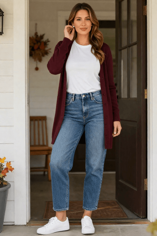 Cardigan with a Basic Tee and Mom Jeans
