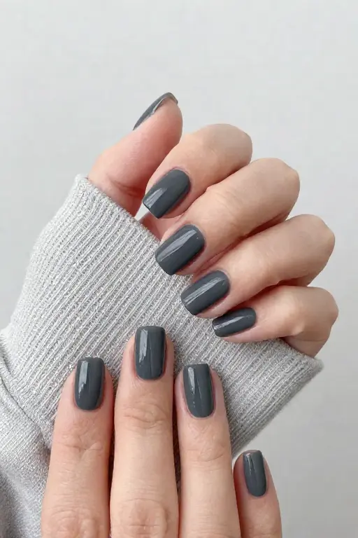 Charcoal Short square nails with glossy dark charcoal polish for late fall