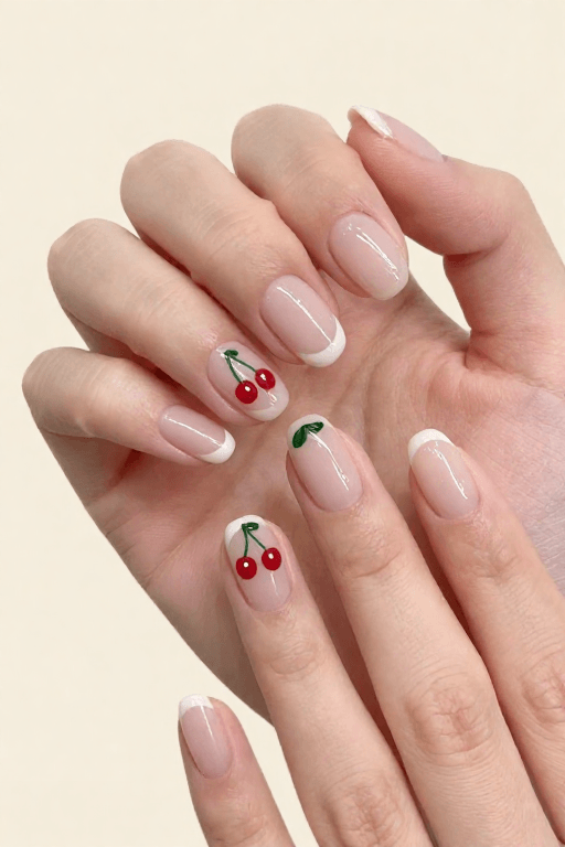 Cherry Pair:  almond sheer nude nails with a pair of red cherries and green stems on one accent nail