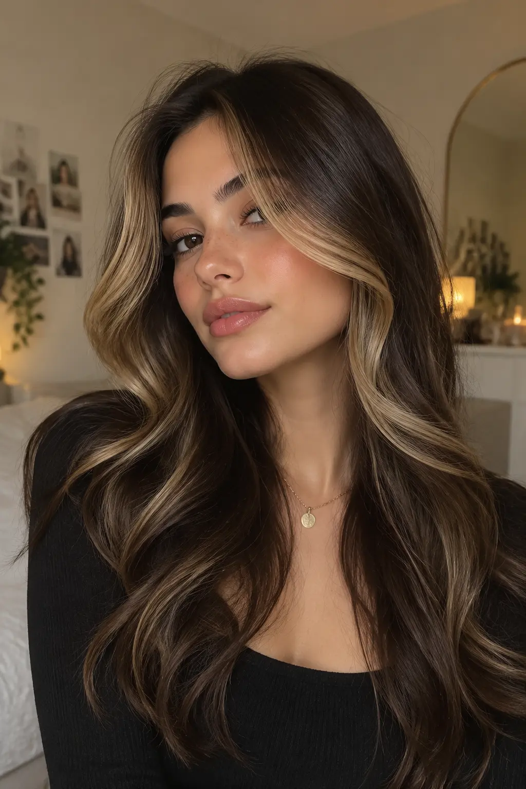 Classic Blonde Money Piece on Dark Brown Hair Dark brown hair with golden blonde money piece highlights and loose waves