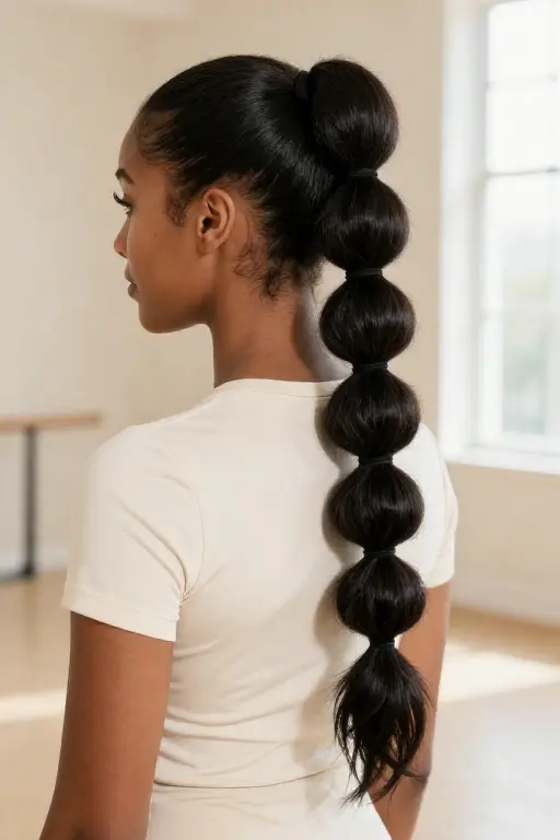 Classic High Bubble Ponytail High bubble ponytail hairstyle with evenly spaced sections on long black hair