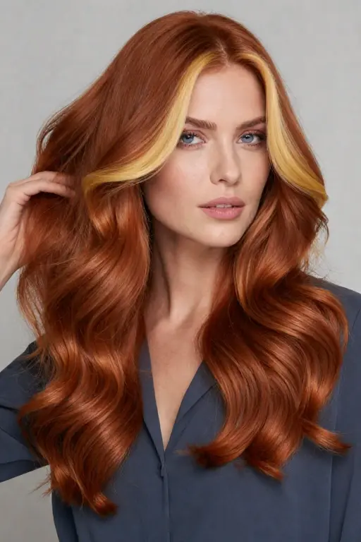 Copper Hair with a Blonde Money Piece Copper hair with golden blonde face framing highlights