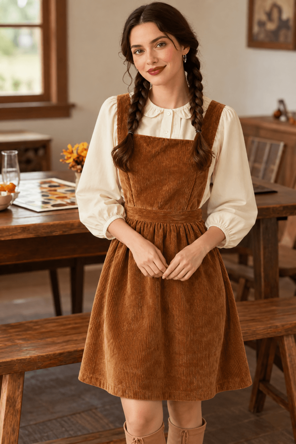Corduroy Pinafore with a Cream Blouse