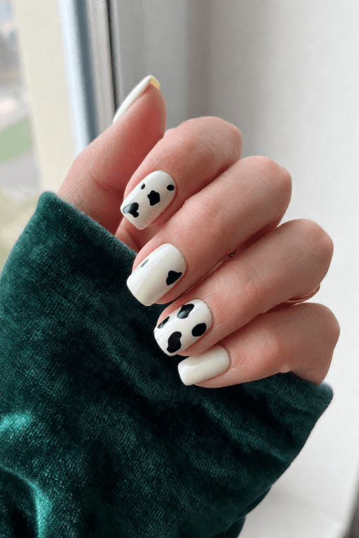 Cow Print on Milky White Cute Nail Ideas