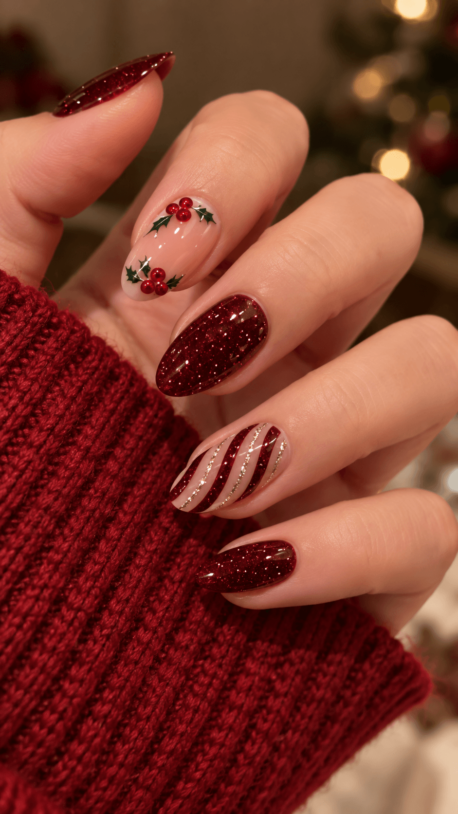 Cranberry Glitter With a Holly Accent Nail Cranberry Glitter With a Holly Accent Nail