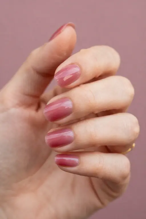 Cranberry Sheer Short square nails with glossy sheer cranberry polish for late fall nail ideas
