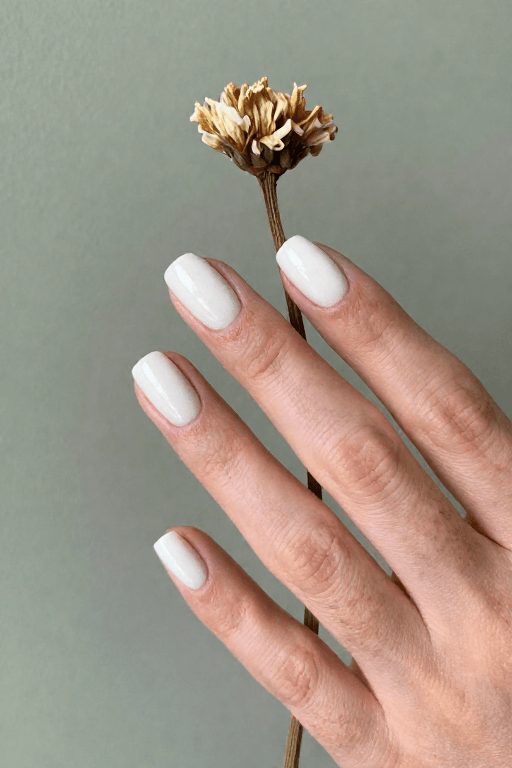 Short oval nails in thick cream white polish