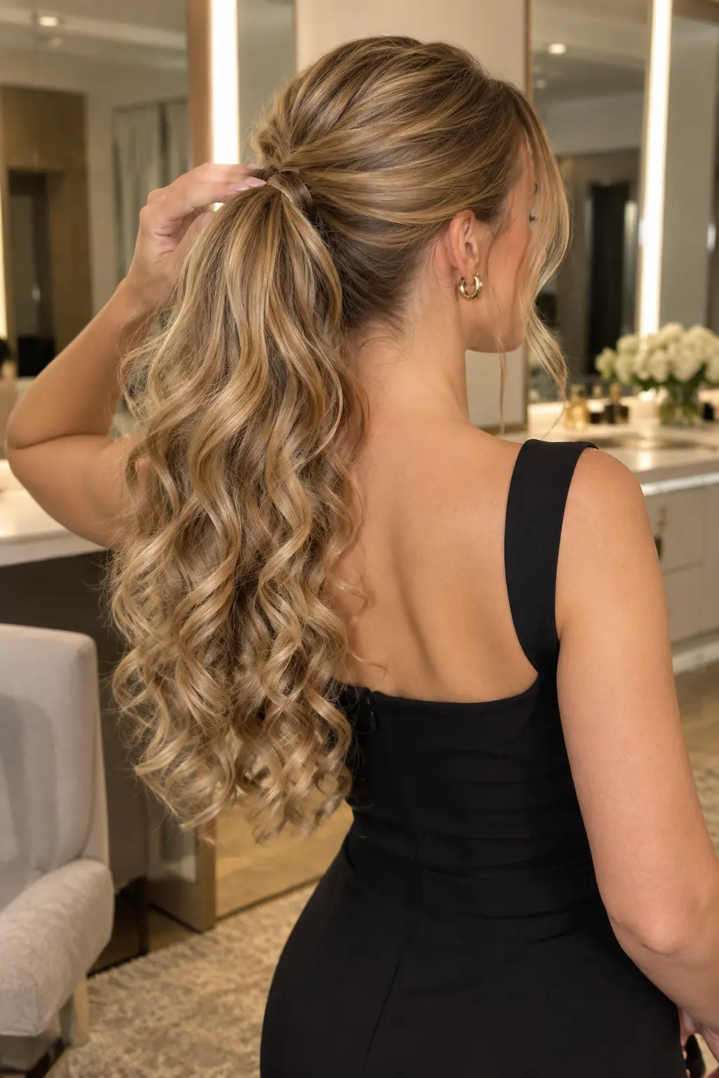 Curly Clip-In Ponytail Long curly clip-in ponytail adding volume to a holiday party hairstyle