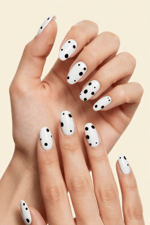 Dalmatian Spots:  square bright white nails with black dalmatian spots in mixed sizes