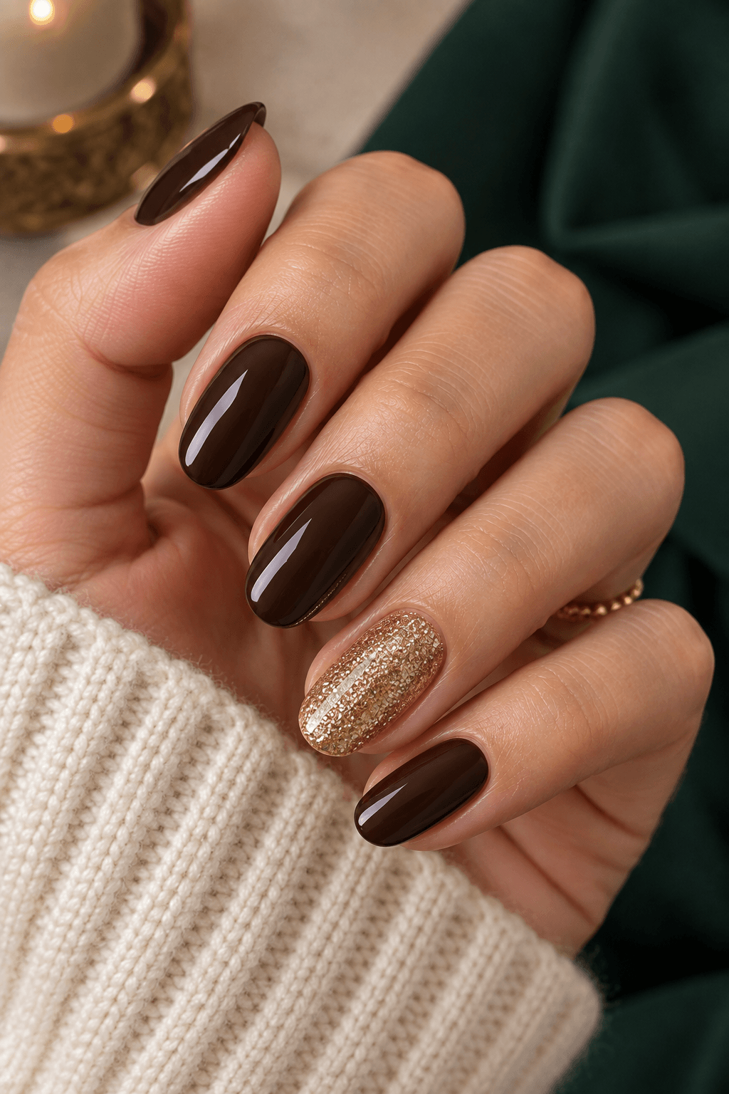 Deep Chocolate With One Gold Glitter Nail Deep Chocolate With One Gold Glitter Nail