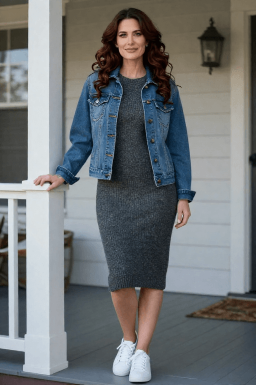 Denim Jacket with a Knit Dress