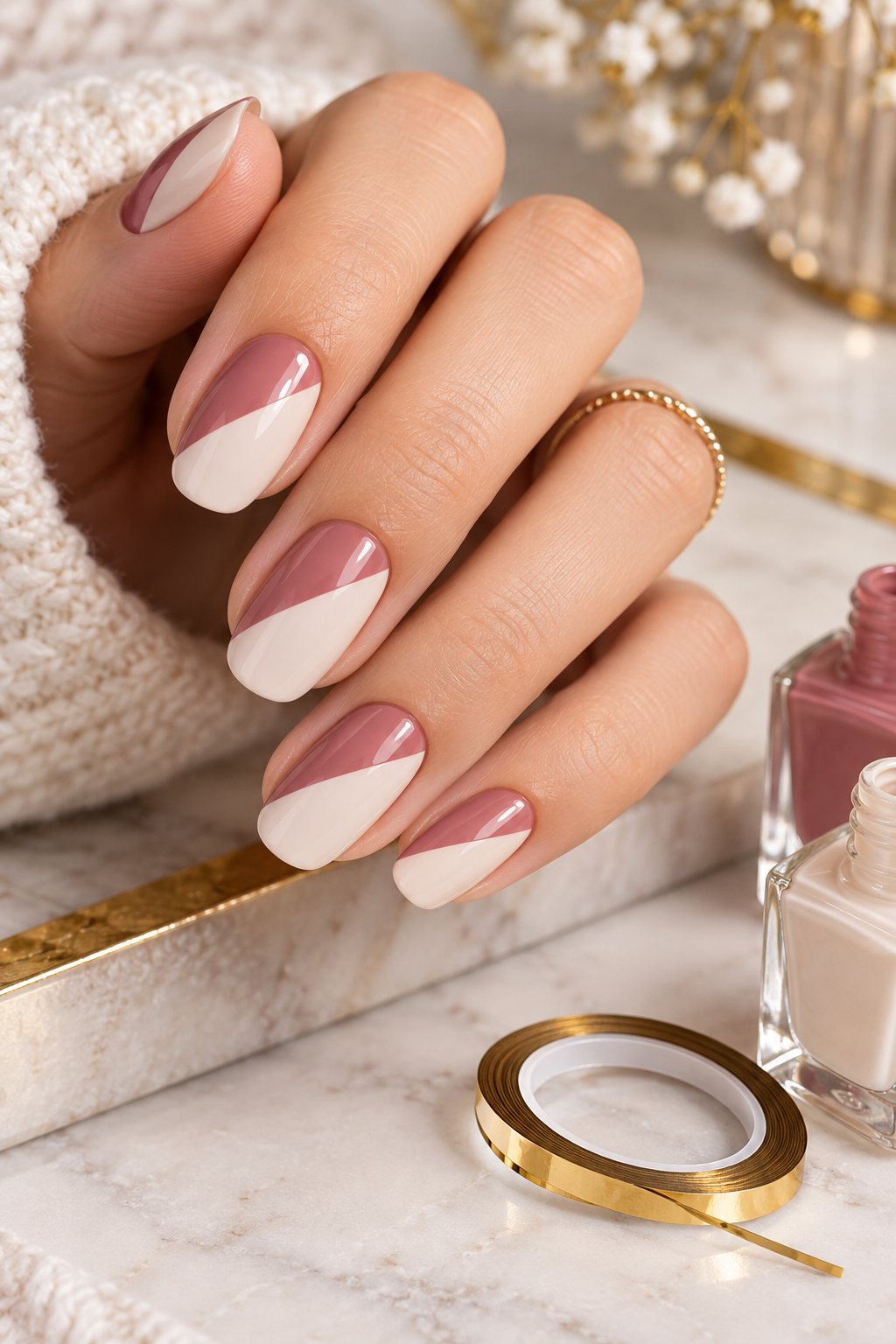 Diagonal Tape Split square nails with a diagonal split of sheer nude and deep burgundy