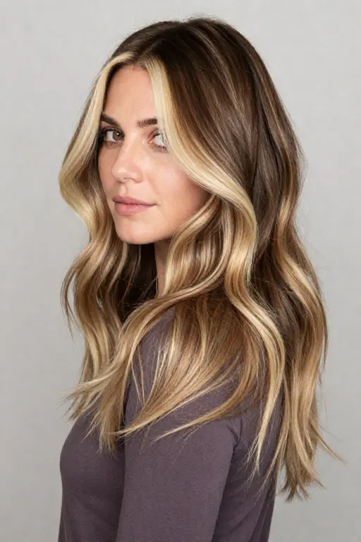 Dirty Blonde with a Money Piece Dirty blonde hair with creamy beige blonde money piece highlights