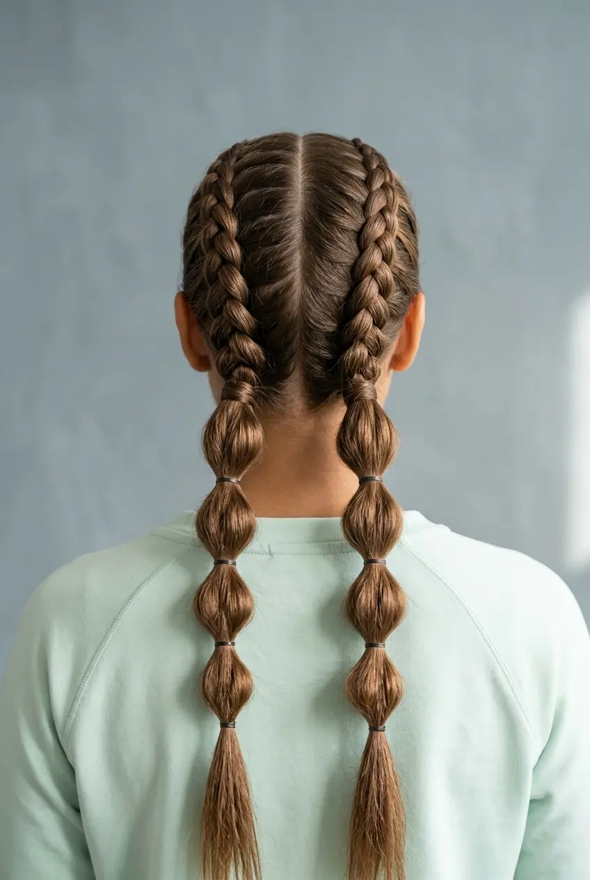 Double Dutch Bubble Braids Brown hair styled into double dutch bubble braids with sections tied off by small elastic bands