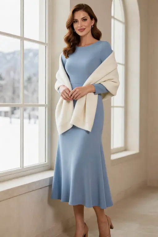 Dusty Blue Crepe Midi Dress with a Cashmere Wrap Dusty blue crepe midi dress with a cream cashmere wrap and tan block heels for a winter wedding guest outfit.