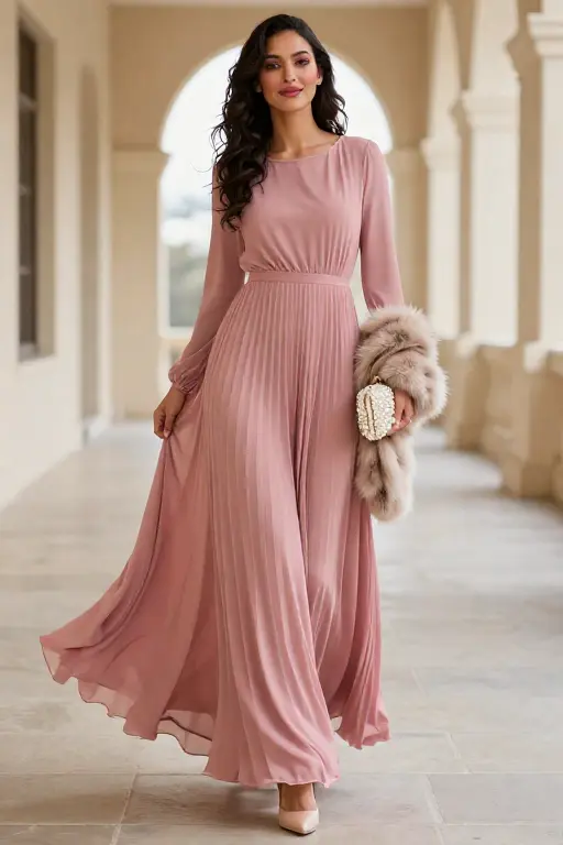 Dusty Rose Pleated Maxi with Long Sleeves Dusty rose pleated maxi dress with long sleeves and a soft faux fur wrap for a winter wedding guest outfit