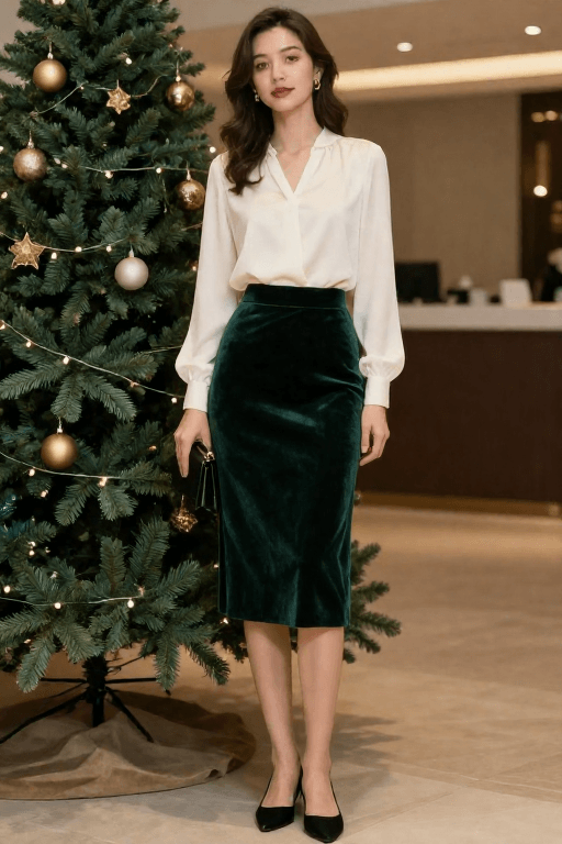 Emerald Velvet Midi Skirt with Silk Blouse Emerald Velvet Midi Skirt with a Silk Blouse