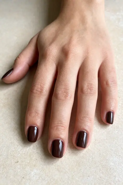 Espresso Cream Short square nails painted in glossy dark espresso brown for November nail ideas